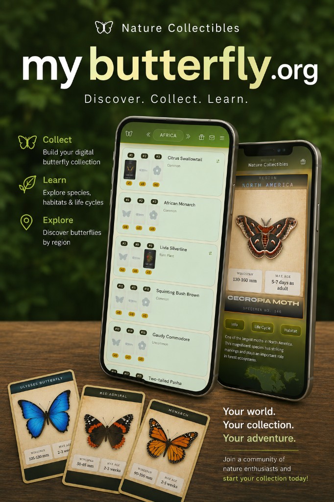 Nature Collectibles app — butterfly collection screens and cards